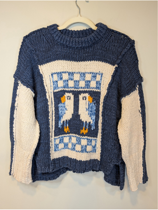 Pilcro Sweaters - Anthropologie Pilcro Chunky Knit Bird Puffin Crewneck Sweater Blue Cream Small
